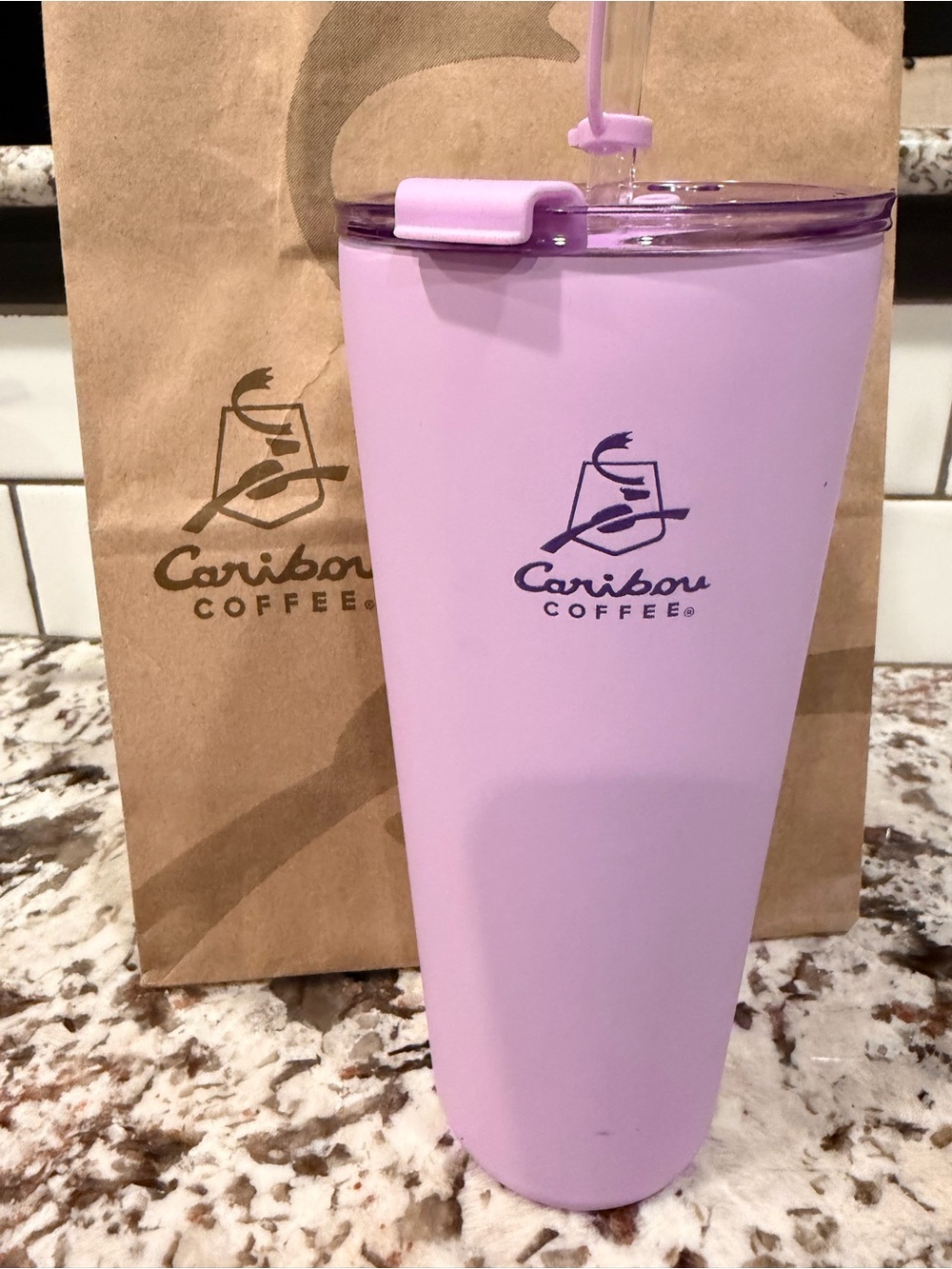 Caribou Coffee Lavender Stainless Travel Tumbler with Straw